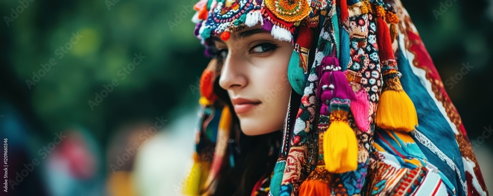 A person wearing traditional clothing from a specific culture, their face filled with pride. A person wearing traditional clothing from a specific culture, their face filled with pride.