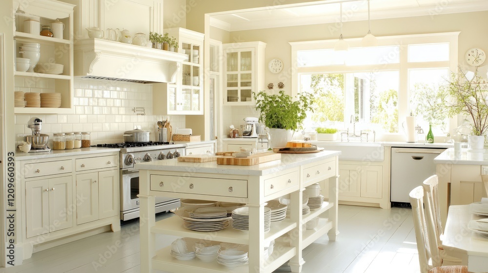 Bright and airy buttercup cream kitchen with open shelving, a farmhouse-style island, and vintage decor Bright and airy buttercup cream kitchen with open shelving, a farmhouse-style island, and vintage decor
