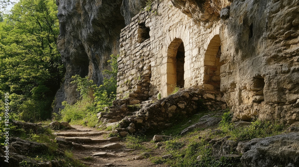 Fototapeta premium Ancient stone ruins nestled at the base of a rocky cliff surrounded by lush greenery and a winding path