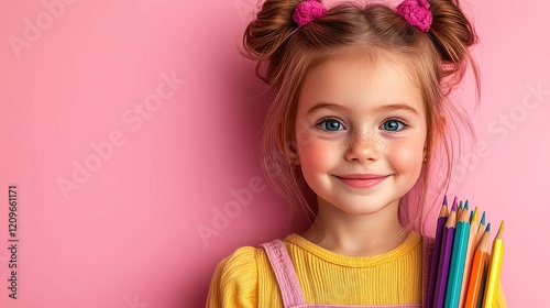 Little girl hugs colorful pencils against a pastel pink background photo