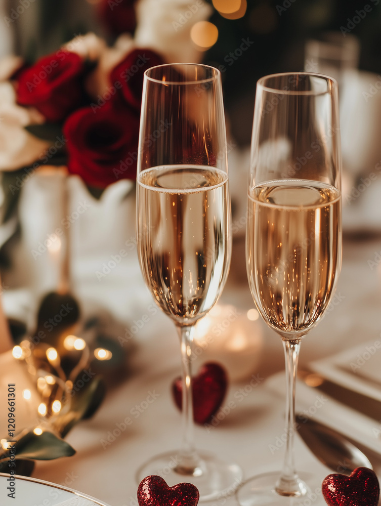 Romantic Valentine's Day setup with flowers, wine and chocolate