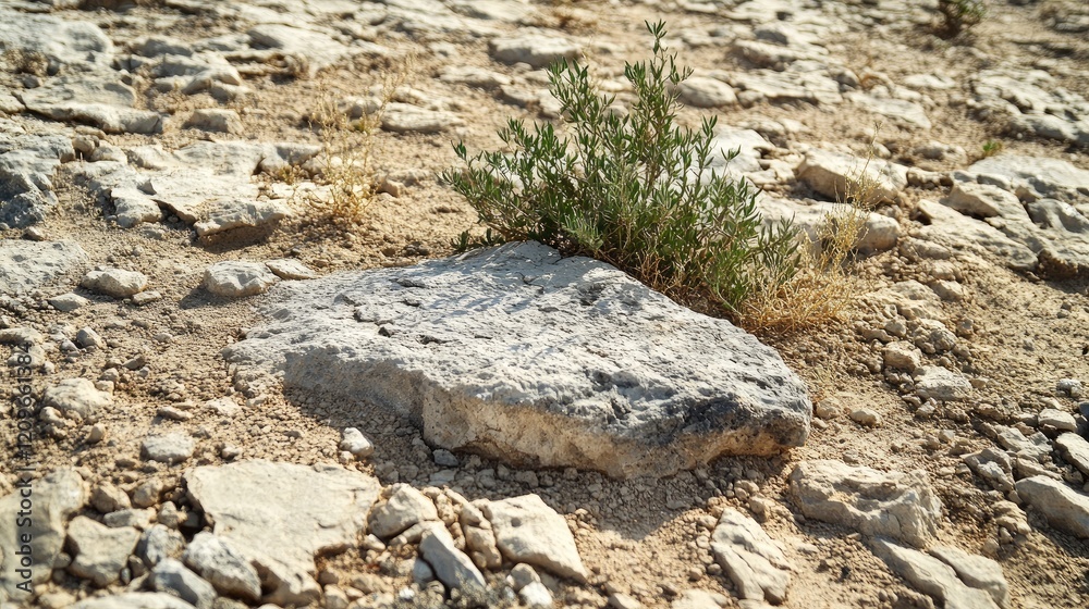 Textured rocky landscape with small plants thriving in a semi-desert area showcasing stones, earth, and sparse vegetation. Textured rocky landscape with small plants thriving in a semi-desert area showcasing stones, earth, and sparse vegetation.