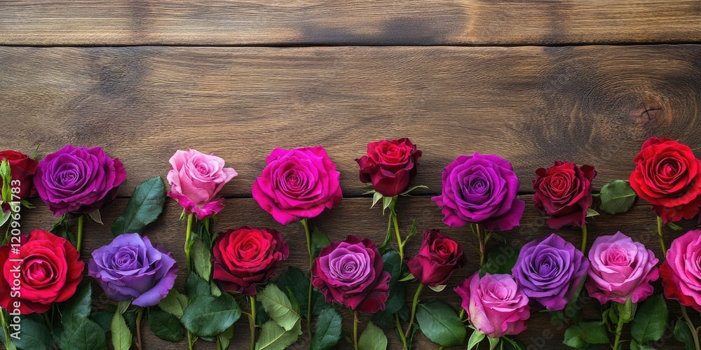 Elegant array of vibrant purple, pink, and red roses on a rustic wooden table with ample space for text on the top and bottom edges. Elegant array of vibrant purple, pink, and red roses on a rustic wooden table with ample space for text on the top and bottom edges.
