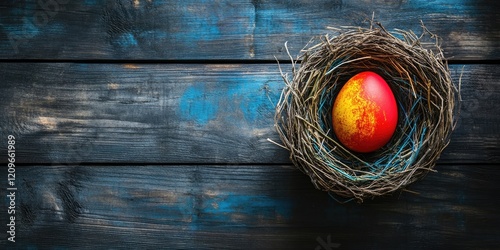 Vibrant red and yellow Easter egg nestled in a textured nest on a dark wooden surface with blue highlights and warm brown tones visible. photo