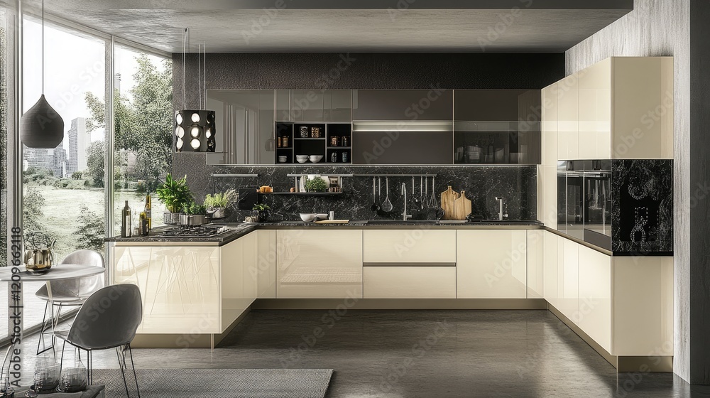 Buttercup cream kitchen with sleek cabinets, marble countertops, and stylish pendant lighting in a bright open-concept space Buttercup cream kitchen with sleek cabinets, marble countertops, and stylish pendant lighting in a bright open-concept space