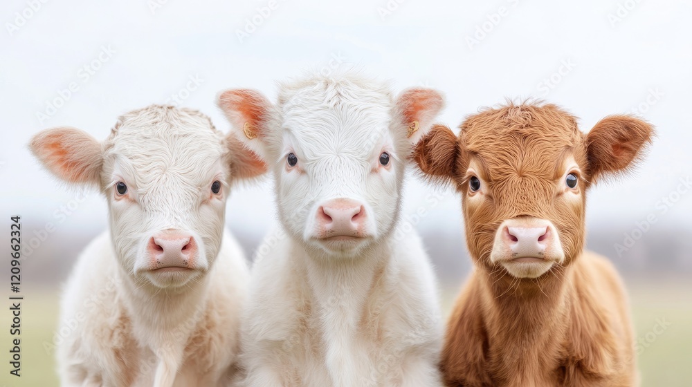 Three adorable calves in pasture, rural scene, farm animals Three adorable calves in pasture, rural scene, farm animals
