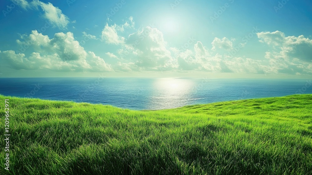 Obraz premium Serene sea view from a lush grassy hill under a vibrant blue sky with fluffy clouds and glimmering water reflections