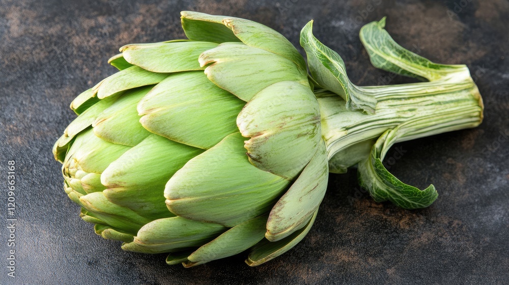 Artichoke close up on dark textured background highlighting vibrant green colors and unique natural details of the vegetable Artichoke close up on dark textured background highlighting vibrant green colors and unique natural details of the vegetable