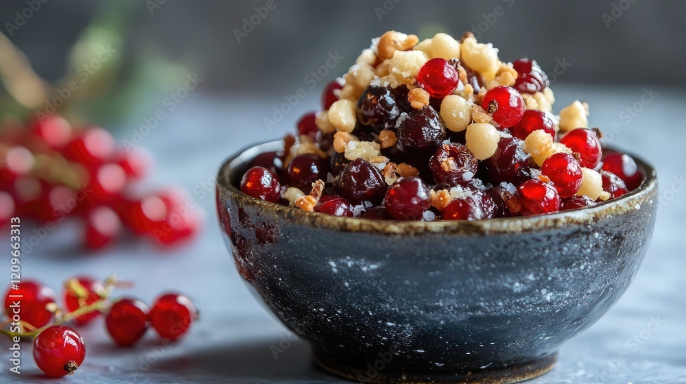 Colorful bowl of roasted red currants and marzipan garnished with crunchy crumbs on a rustic gray background with fresh currant sprigs. Colorful bowl of roasted red currants and marzipan garnished with crunchy crumbs on a rustic gray background with fresh currant sprigs.
