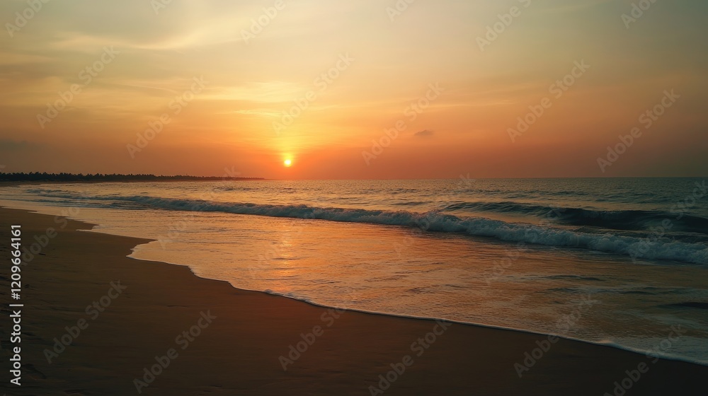 Tranquil Sunset Over the Ocean Shoreline with Warm Golden Light Reflections on Water and Soft Waves Lapping the Beach Tranquil Sunset Over the Ocean Shoreline with Warm Golden Light Reflections on Water and Soft Waves Lapping the Beach