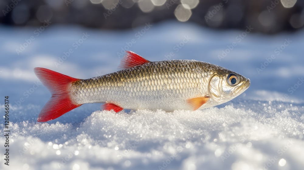 Fototapeta premium Silver chub resting on glistening snow with vibrant red fins highlighted against a winter landscape