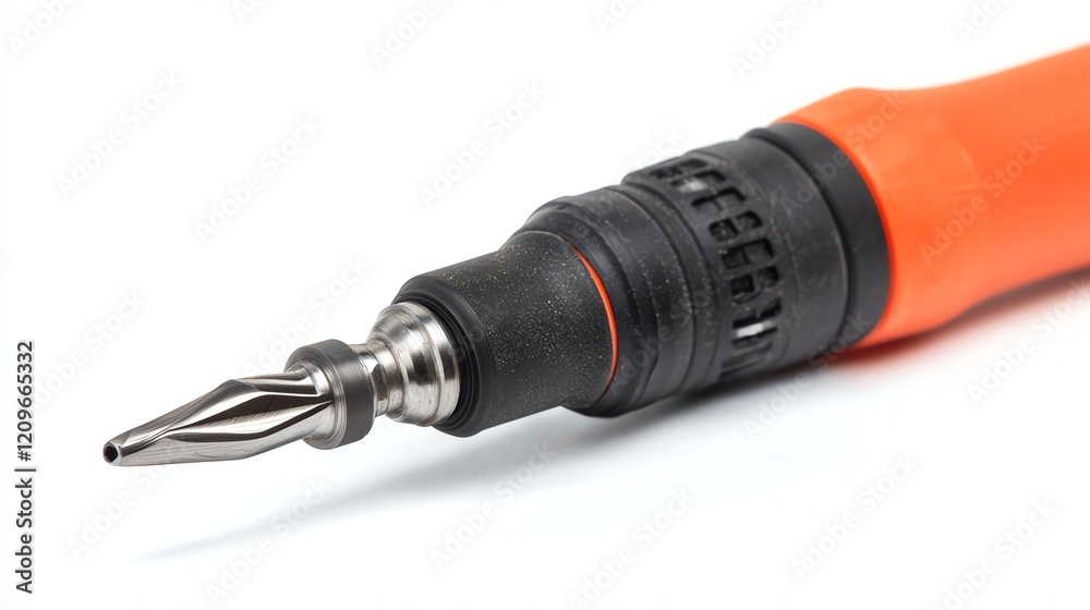 Close-up of a detailed fountain pen with an orange grip, white isolated background. Close-up of a detailed fountain pen with an orange grip, white isolated background.