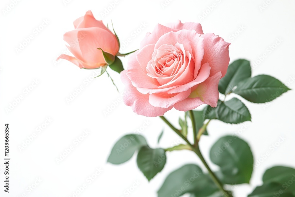 A pink rose with green leaves on a pure white background A pink rose with green leaves on a pure white background