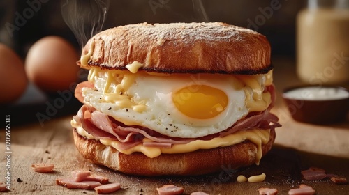 Croque madame sandwich showcasing ham and cheese with bechamel sauce topped with a perfectly cooked egg on toasted bread photo