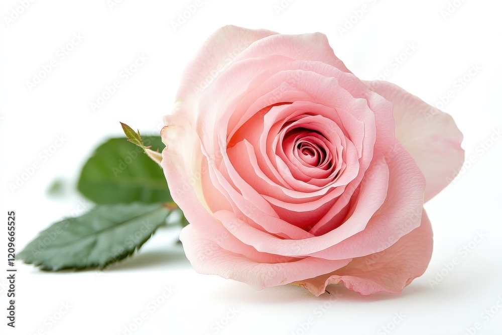 Fototapeta premium A pink rose with green leaves on a pure white background