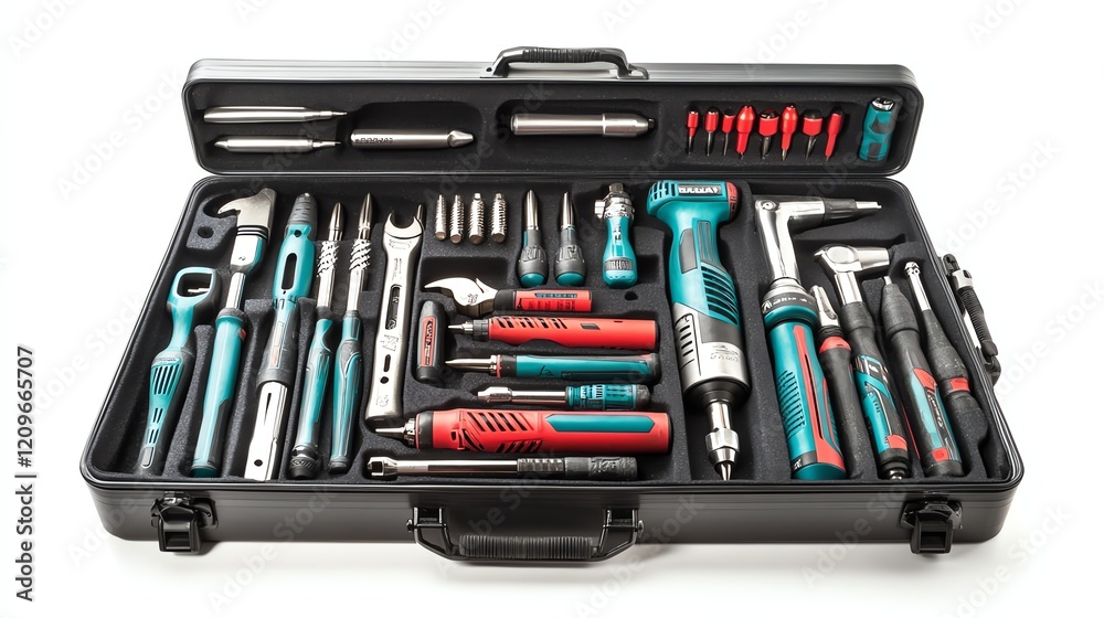 Toolbox filled with various hand tools, isolated on white background. Toolbox filled with various hand tools, isolated on white background.