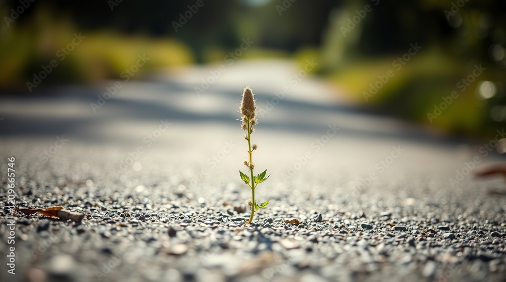 Resilient Plant Sprouting on Asphalt Road: A Serene, Sunlit Scene Resilient Plant Sprouting on Asphalt Road: A Serene, Sunlit Scene