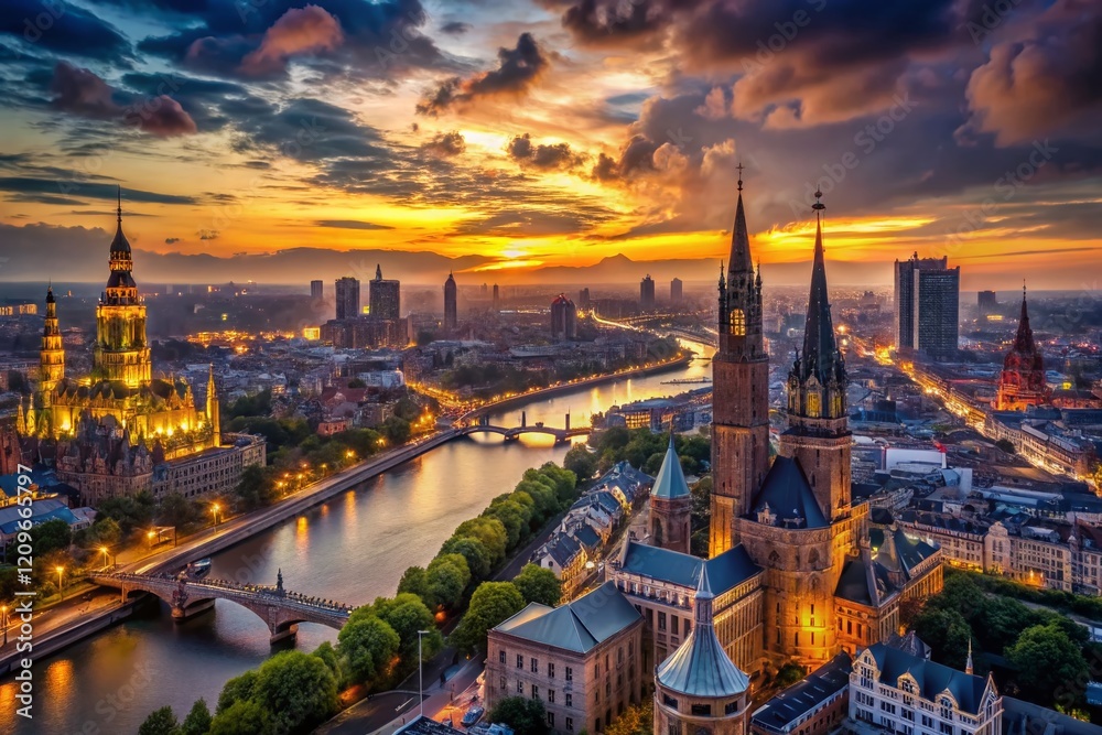 Dramatic Dusk Cityscape: Aerial View of Fantastical Towers and Winding Rivers Dramatic Dusk Cityscape: Aerial View of Fantastical Towers and Winding Rivers