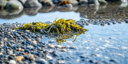 Fresh green bladderwrack seaweed on smooth grey pebbles beside tranquil water in a serene coastal landscape with reflections ideal for layouts photo