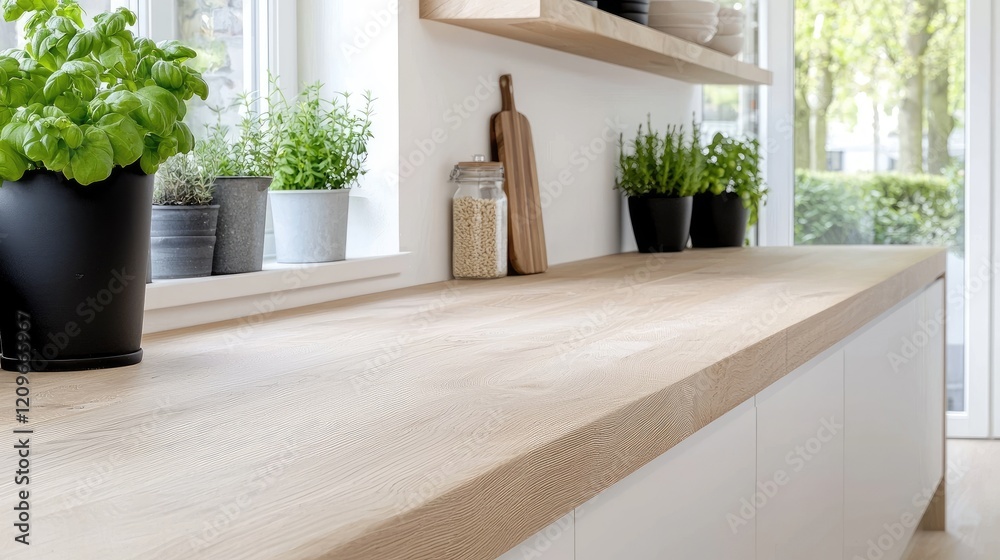 Fototapeta premium Fresh green basil and herbs in pots on a light wooden countertop in a bright modern kitchen.