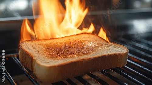 Toasted bread slice catching fire in modern kitchen with flames highlighting the cooking process and kitchen ambiance photo