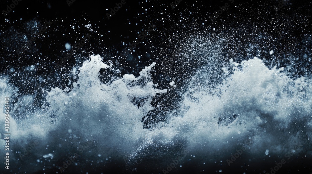 Dynamic ocean wave crashing with frothy foam and shimmering water droplets against a dark background. Dynamic ocean wave crashing with frothy foam and shimmering water droplets against a dark background.