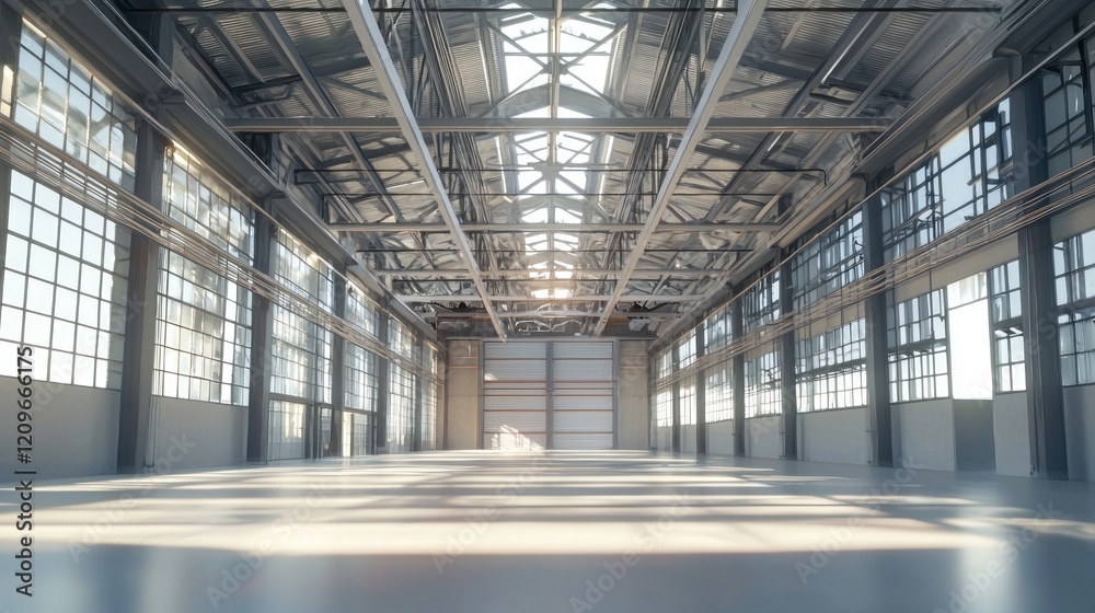 Empty industrial warehouse interior with metal structure and large windows illuminated by daylight Empty industrial warehouse interior with metal structure and large windows illuminated by daylight