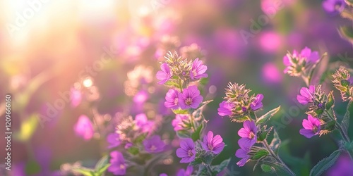 Vivid purple dead nettles in soft sunlight with blurred background, focused foreground flowers, ample copy space, warm golden tones. photo