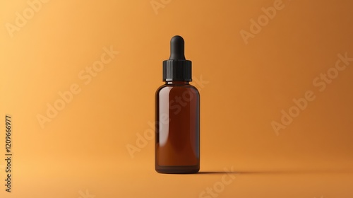 Brown glass skincare dropper bottle on warm orange background for product branding and marketing mockup in cosmetic design context. photo