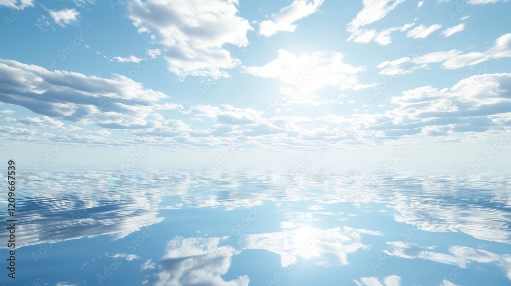 Tranquil Blue Lake Reflecting Bright Sky and Fluffy White Clouds Under Radiant Sunlight on a Clear Sunny Day Tranquil Blue Lake Reflecting Bright Sky and Fluffy White Clouds Under Radiant Sunlight on a Clear Sunny Day