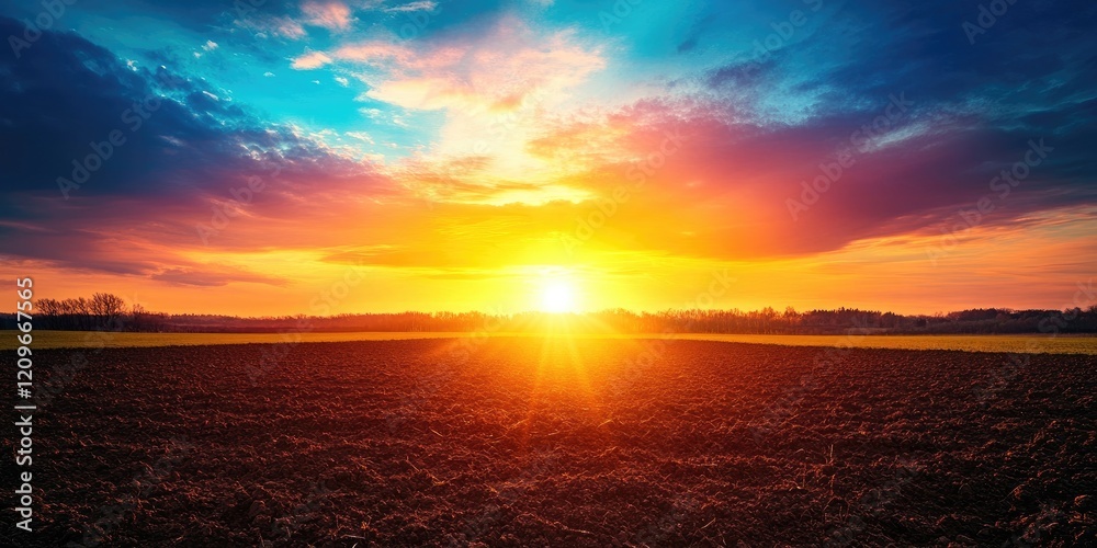 Obraz premium Vibrant sunset over rural countryside with a colorful sky blending blue and orange hues above dark plowed earth in the foreground
