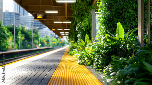 Ai-generated scenic train station with lush greenery urban environment modern architecture viewpoint