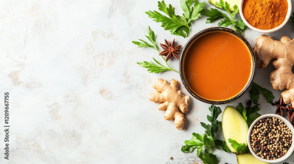 Delicious vegetable broth infused with Indian spices and ginger on a textured background with fresh herbs and ingredients for culinary inspiration Delicious vegetable broth infused with Indian spices and ginger on a textured background with fresh herbs and ingredients for culinary inspiration