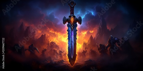 Epic fantasy sword in fiery landscape.