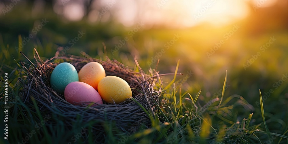 Colorful Easter eggs nestled in a brown nest on vibrant green grass with a warm golden sunset illuminating the background. Colorful Easter eggs nestled in a brown nest on vibrant green grass with a warm golden sunset illuminating the background.