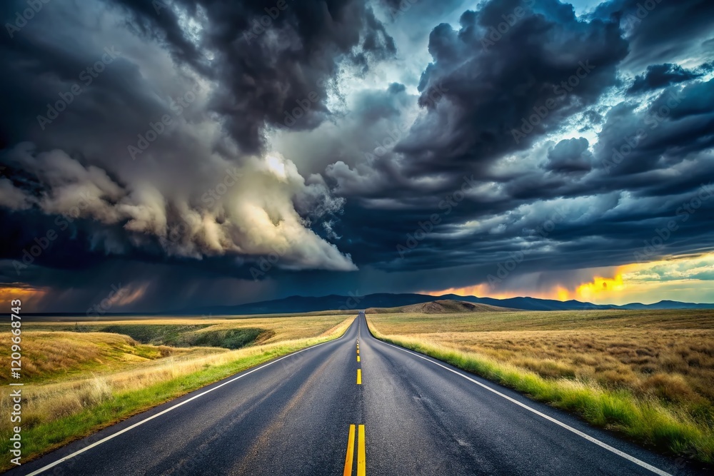 Naklejka premium Dramatic Stormy Road Trip: Dark Clouds Over Winding Asphalt Highway