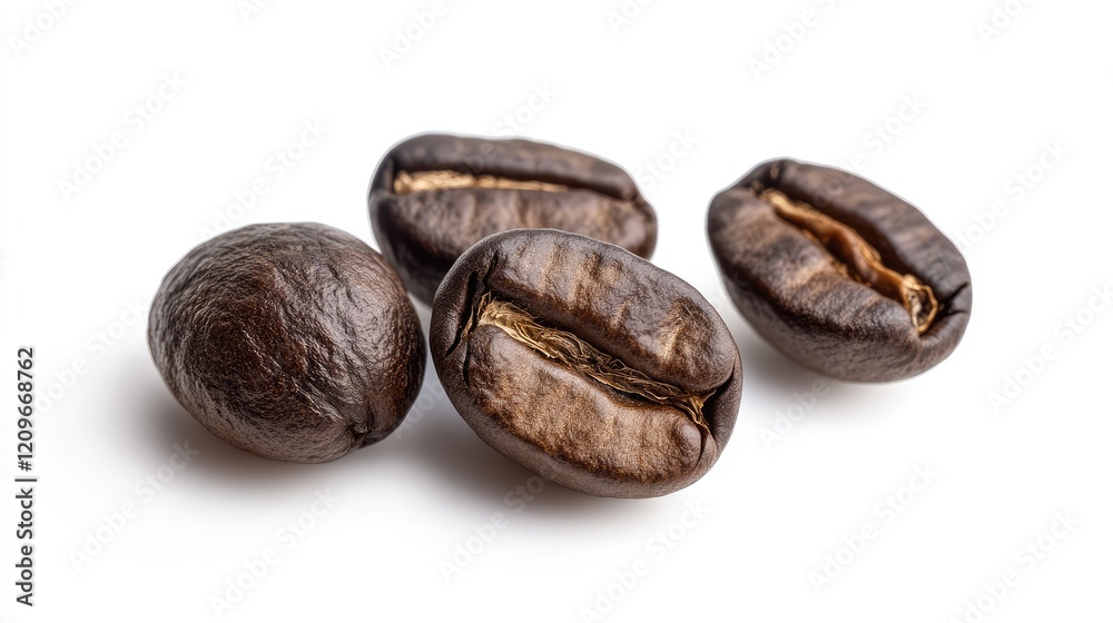 High-Quality Close-Up of Dark Roasted Robusta Coffee Beans on White Background with Natural Texture and Details High-Quality Close-Up of Dark Roasted Robusta Coffee Beans on White Background with Natural Texture and Details