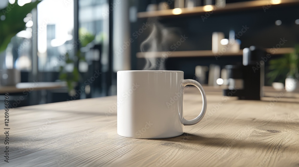 Steam Rising from White Coffee Mug on Light Wooden Table Against Modern Cafe Interior with Green Plants and Cozy Atmosphere Steam Rising from White Coffee Mug on Light Wooden Table Against Modern Cafe Interior with Green Plants and Cozy Atmosphere
