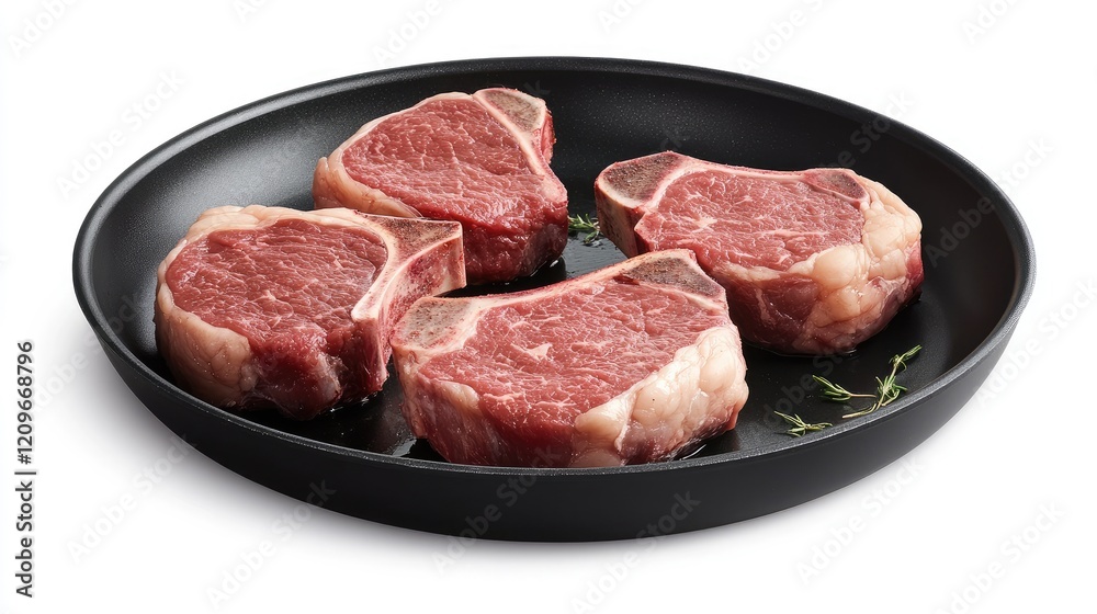 Sirloin chops prepared in a frying pan with fresh herbs ready for cooking delicious gourmet meal Sirloin chops prepared in a frying pan with fresh herbs ready for cooking delicious gourmet meal