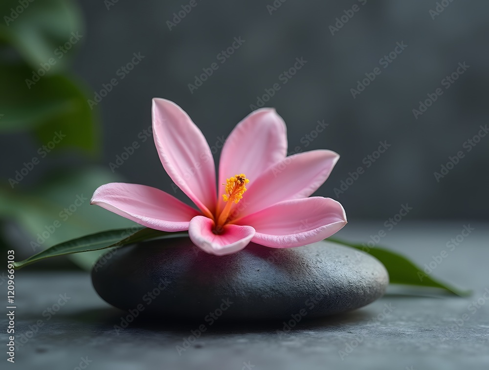 Pink Flower on Grey Stone Spa Serenity Image Pink Flower on Grey Stone Spa Serenity Image