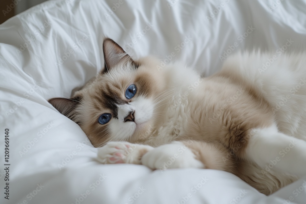 A Ragdoll Cat Relaxing on a White Bed A Ragdoll Cat Relaxing on a White Bed