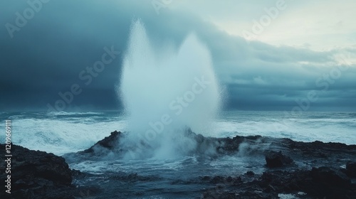 Dramatic ocean blowhole erupting, dark sky.