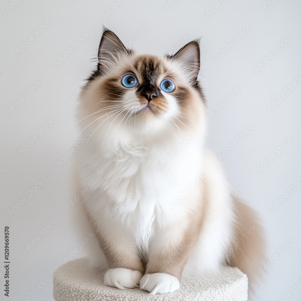 A Ragdoll Cat with Stunning Blue Eyes, Posing on a Cat Tree A Ragdoll Cat with Stunning Blue Eyes, Posing on a Cat Tree