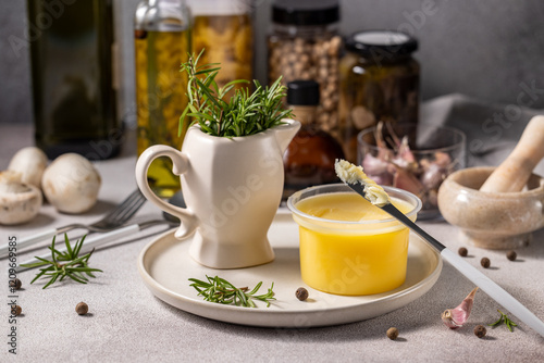 Aromatic ghee butter with rosemary and spices enhancing culinary delights photo