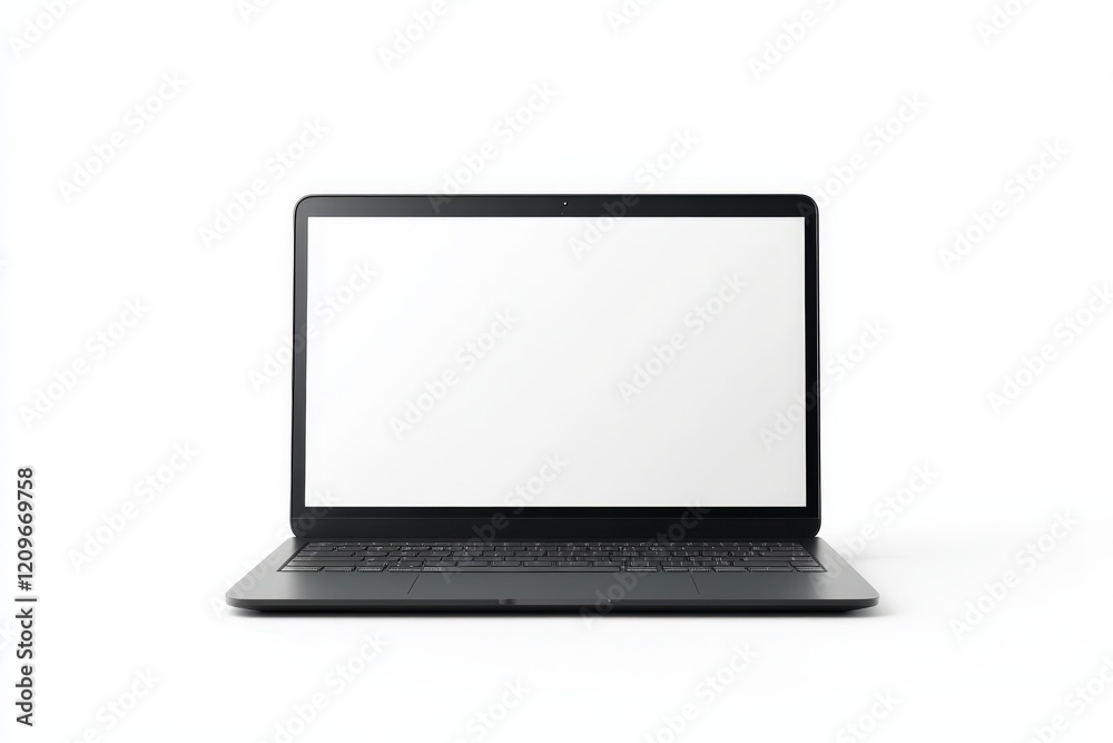 A sleek laptop with a bright white screen on a white background A sleek laptop with a bright white screen on a white background