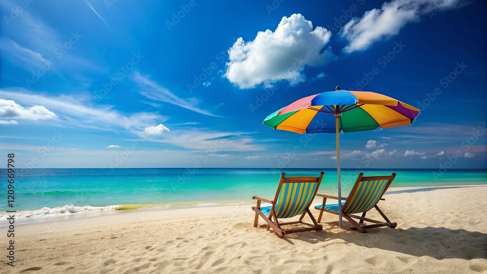 Relaxing Beach Scene: Sunny Umbrella & Chairs by Ocean Relaxing Beach Scene: Sunny Umbrella & Chairs by Ocean