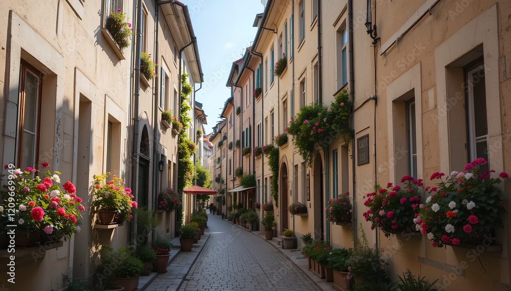 Obraz premium Charming European Alleyway Blooms with Colorful Flowers on a Sunny Day