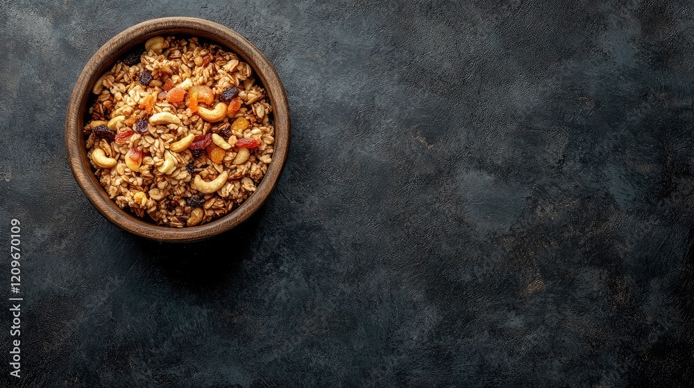 Roasted nuts and colorful dried fruits in a rustic wooden bowl on a dark textured background showcasing a healthy snack concept from a top view perspective Roasted nuts and colorful dried fruits in a rustic wooden bowl on a dark textured background showcasing a healthy snack concept from a top view perspective