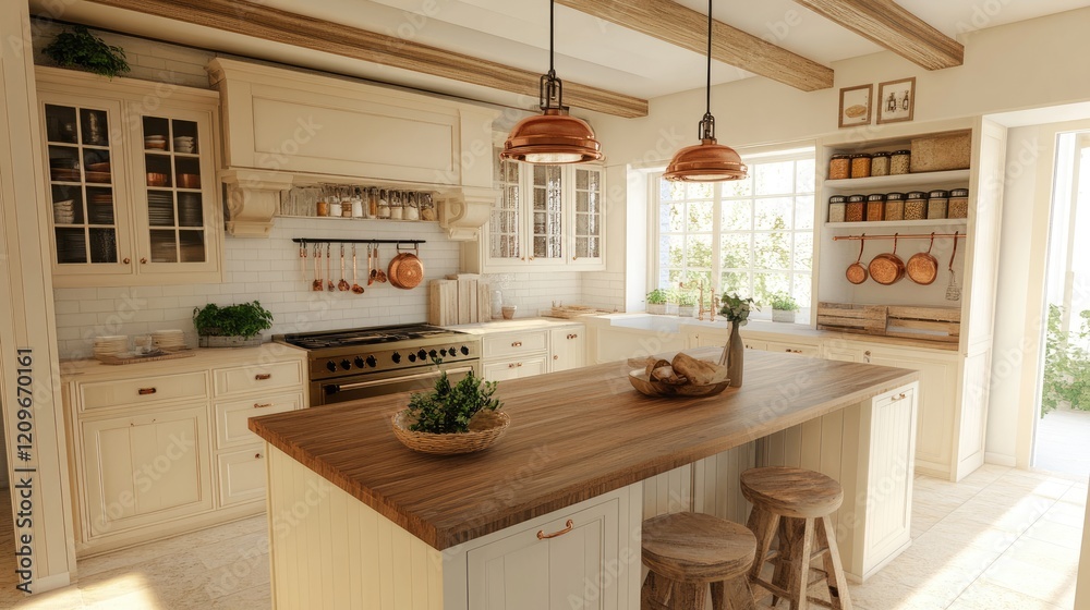 Interior design featuring a buttercup cream kitchen with a rustic island, copper accents, and a bright open layout