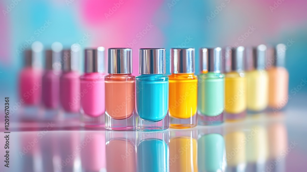 Vibrant Nail Polish Bottles in a Rainbow of Colors Displayed on a Reflective Surface Against a Soft Pastel Background Vibrant Nail Polish Bottles in a Rainbow of Colors Displayed on a Reflective Surface Against a Soft Pastel Background